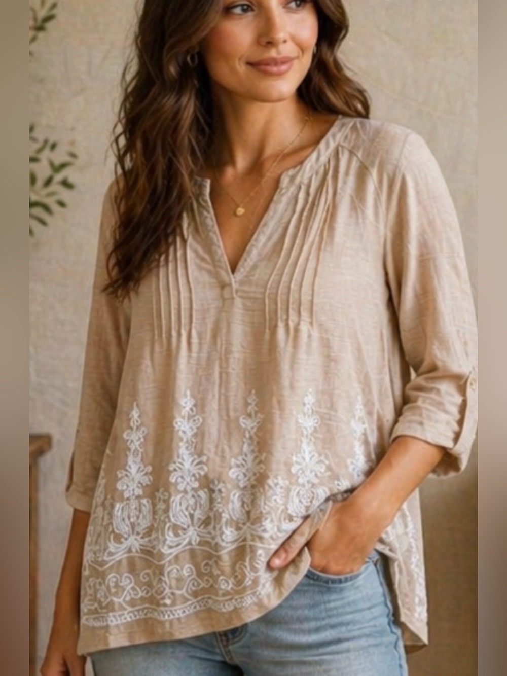 89th & Madison‎ Beige Embroidered Pintuck Tunic large